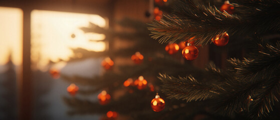 Christmas tree with red and orange baubles on blurred background. - obrazy, fototapety, plakaty