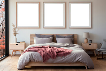 Mockup poster or painting in frame on the wall above the bed in Scandinavian style