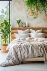 Bright cozy bedroom with a bed and indoor plants in Scandinavian style