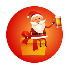 Santa sitting on a gift box holding beer mug. Christmas greeting card with drunk Santa Claus enjoying craft beer. Vector cartoon character sticker