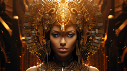 Gorgeous portrait of Egyptian Goddess. Female, golden, crown, Isis, leader, ancient, AI Generated  - obrazy, fototapety, plakaty