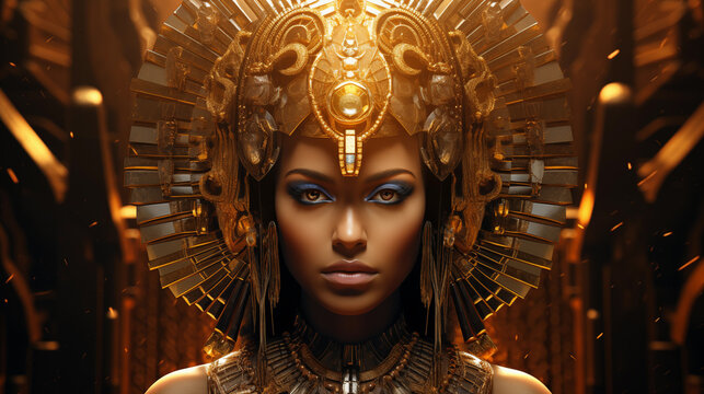 Gorgeous portrait of Egyptian Goddess. Female, golden, crown, Isis, leader, ancient, AI Generated 