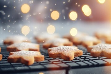 Baking Festive Cookies - Freshly baked Christmas cookies in various shapes cooling on a wire rack - Christmas Preparations - AI Generated - obrazy, fototapety, plakaty
