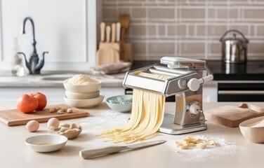 Fototapeta na wymiar Pasta maker with dough and products on wooden table. Making healthy organic food. Generate Ai