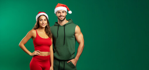 A sporty couple wearing father christmas santa hat. New years resolution. Holiday healthy lifestyle
