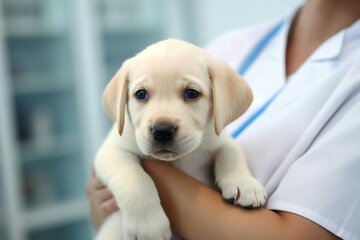 Professional veterinarian holding cute puppy. Person love dog animal doctor. Generate Ai