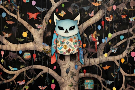 Illustration of a cute owl on a tree with balloons and butterflies