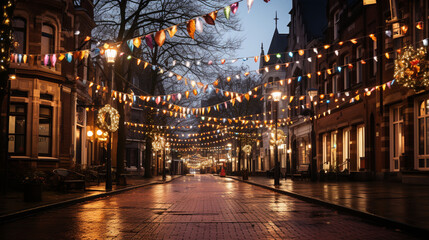 A picturesque Dutch town square adorned with festive Sinterklaas decorations, such as lanterns, garlands, and Sinterklaas banners, creating a magical holiday atmosphere