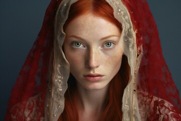 Portrait of a beautiful red-haired girl in a red veil