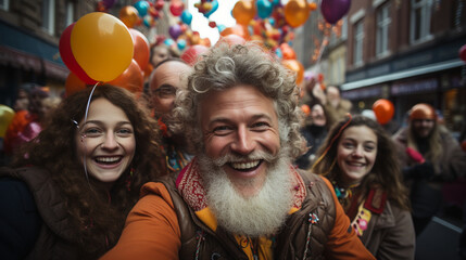 A grand Sinterklaas parade featuring intricate floats, acrobats, and bands, filling the streets with a vibrant and cheerful atmosphere