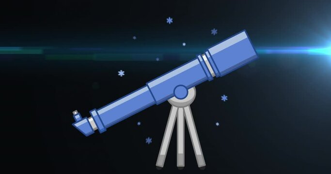 Animation of telescope and blue light trail against black background with copy space