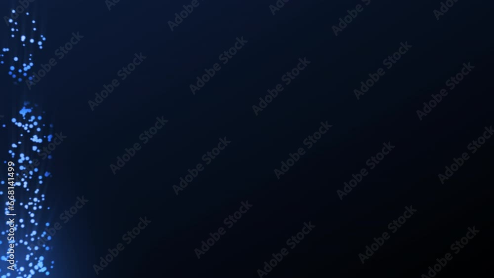 Poster shining blue particle bubbles stream on the left side moving up and down on a gradient dark blue bac