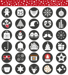 Set of christmas icons. Christmas vector emojis including christmas lights, bells, snow flakes, fireplace, mistletoe and gingerbread. Round vectors in grey circle.