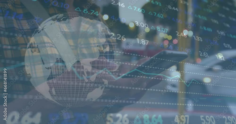 Poster animation of stock market data processing against mid section of man using smartphone on the street