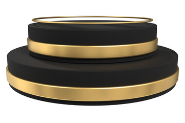 Empty black gold 3d podium stage. Empty round golden podium scene. Empty luxury pedestal. 3D rendering
