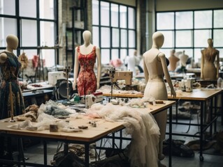 Fototapeta na wymiar Mannequins and hangers materials. Design, tailoring and cutting studio, manufacturing, handicrafts