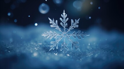 Close up of a snowflake snowflake on dark background. Snow falling. Beautiful cold ice frost winter Christmas holiday season background.
