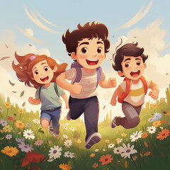 A group of children running in the field