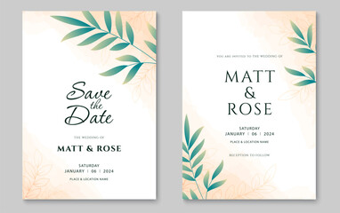 Obraz na płótnie Canvas Wedding invitation card template. Abstract leaves art background design. Vector illustration