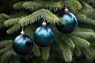 Obraz na płótnie Canvas Christmas tree decoration with blue baubles on fir tree branches.