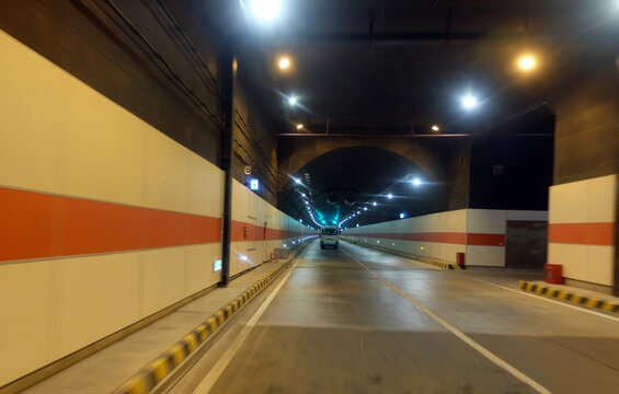 Chattogram, Bangladesh - October 26th, 2023:  An inside view of the two-tube Bangabandhu Sheikh Mujibur Rahman Tunnel under the Karnaphuli River at Chattogram. It is under river tunnel in south asia.