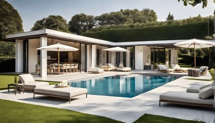 Moderne Villa mit Flachdach und Swimmingpool im Garten - Relaxen auf Liegestühlen - obrazy, fototapety, plakaty