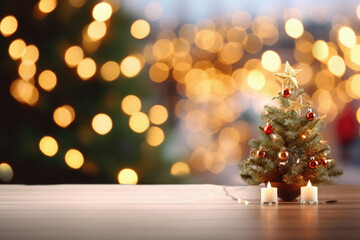 Christmas tree and candles on wooden table against bokeh lights background.
