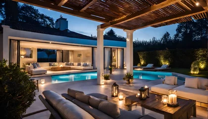 Fototapeten Moderne Villa mit Flachdach und Swimmingpool im Garten - Relaxen auf Liegestühlen © Chris