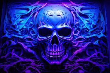 Skull in a blue neon glow. Halloween concept. 