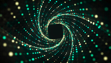 Abstract circle speed tunnel with green light on black background. Science background with dots and lines moving in a spiral. Wormhole technology. Digital structure with particles. 3d rendering.