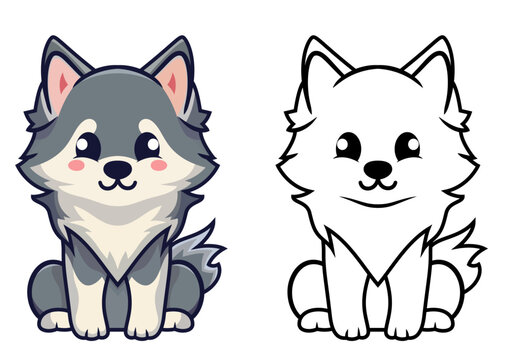 Cute wolf, Huskey or Alaskan Malamute puppy vector illustration, Wolf or dog sitting on the ground vector image, colored and black and white clip art