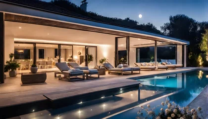 Foto op Plexiglas Moderne Villa mit Flachdach und Swimmingpool im Garten - Relaxen auf Liegestühlen © Chris