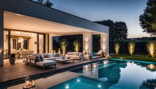 Moderne Villa mit Flachdach und Swimmingpool im Garten - Relaxen auf Liegest&uuml;hlen