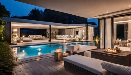 Obraz na płótnie Canvas Moderne Villa mit Flachdach und Swimmingpool im Garten - Relaxen auf Liegestühlen