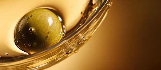 a close up of an olive in a drink with alcohol