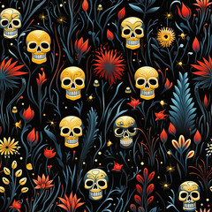 seamless texture pattern with cute funny skulls and flowers on black background