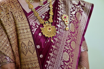 Indian Traditional Woman Jewelry. Saree and Golden necklace. Indian Wedding fashion. Diwali look saree