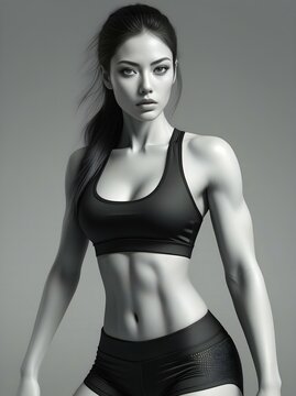 Fitness woman in black sportswear posing over grey background