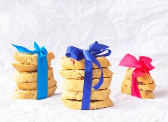 Homemade biscotti or cantuccini. Sweet gluten-free dessert tied with a satin ribbon bow