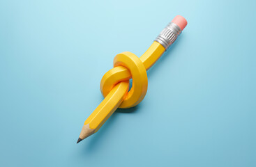Pencil knot. A pencil tied in a knot on a blue background. 3d render