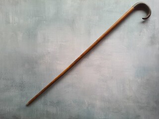Old wooden cane, isolated on gray background, top view and space for text.