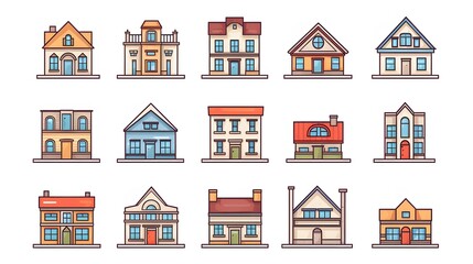 Set of outline vector icons modern house exterior isolated on a white background