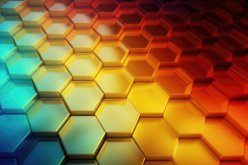 AI generation. Abstract metal background with hexagons in blue and orange colors