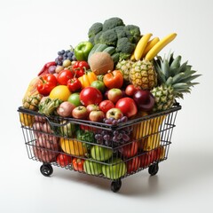 Trolley carrying fruit with an elegant plain white background, good for business, supermarkets, websites, online shops, blogs, catalogs etc. Generative Ai Image