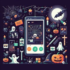 A human hand holding a cell phone with a pumpkin on the screen and a Halloween-themed background, generative ai