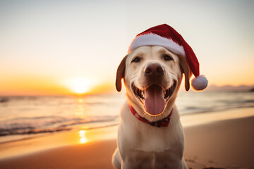 Photo of a dog wearing Santa Claus hat on the beach - obrazy, fototapety, plakaty