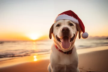 Zelfklevend Fotobehang Photo of a dog wearing Santa Claus hat on the beach © Kalim