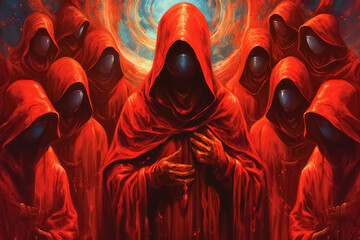 Group of mystery people in a red hooded cloaks. Generative Ai - obrazy, fototapety, plakaty