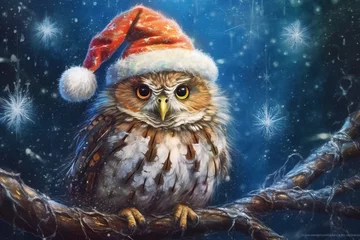 Tuinposter owl in a Christmas hat, Merry Christmas background. Generative Ai © Alexandra