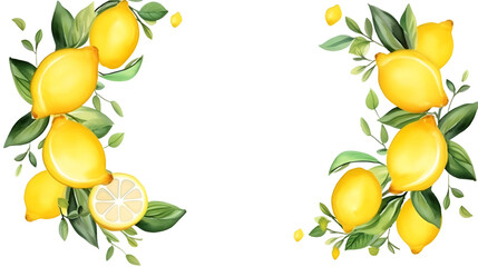 Frame of juicy ripe lemons, watercolor on white background, intricate details of the citrus texture and the verdant foliage.